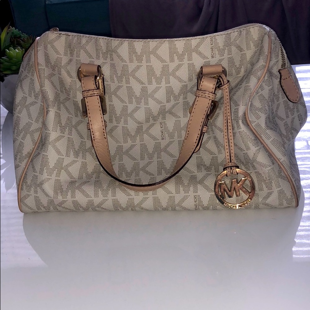 Michael Kors tan logo print original speedy bag